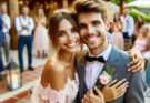 coppia di sposi sorridenti durante matrimonio intimo con pochi invitati sullo sfondo