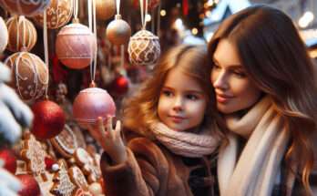 Una donna guarda gli addobbi natalizi ai mercatini di Natale insieme alla figlia