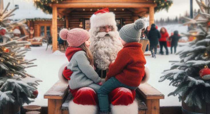 Due bambini incontrano Babbo Natale nel Villaggio di Babbo Natale a Rovaniemi