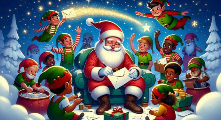 grafica di Babbo Natale che riceve la letterina dei bambini attorniato dai suoi elfi