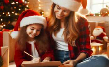 Mamma aiuta la figlia a scrivere una lettera a Babbo Natale