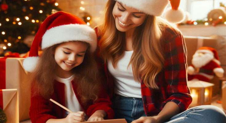 Mamma aiuta la figlia a scrivere una lettera a Babbo Natale